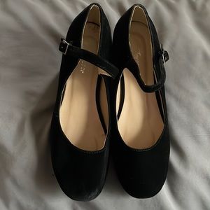 Velvet black strap wedges